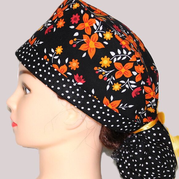 Womens Autumn Flowers Ponytail Scrub Cap, Handmade NWOT - Picture 4 of 7